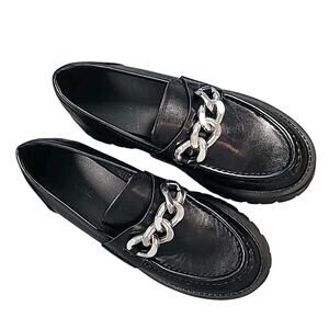 Women’s Chunky Platform Loafers Size 8M Black Shoes Silver Chain Y2K Grunge Chic